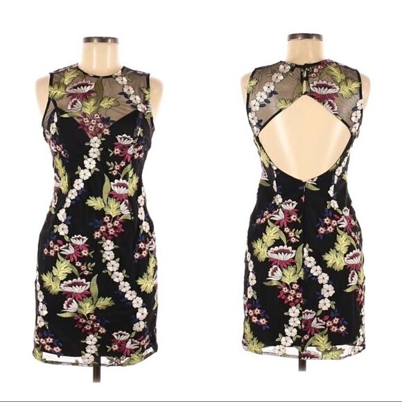 Bardot Jade Black Lace Jewel Tone Floral Sheer Cutout Back Mini Dress Sz 6 - Picture 3 of 10